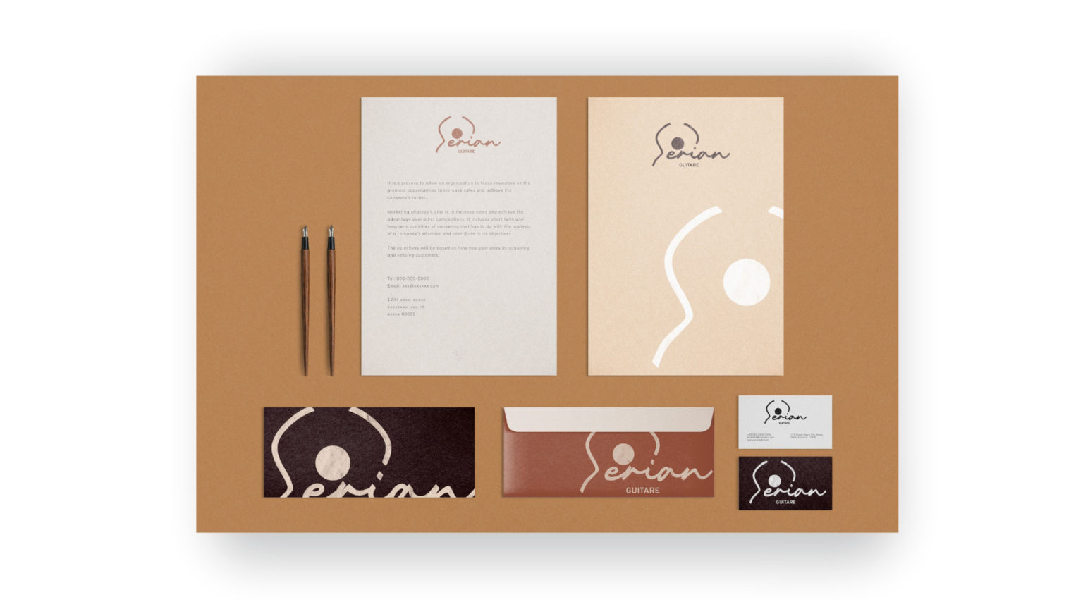 Déclinaisons de l’identité visuelle Serian Guitare sur supports imprimés